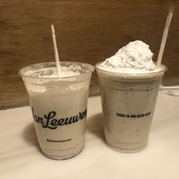 Shakes. L - mint chip with oat milk, R cookie crumble strawberry jam with soya milk and cream   at Van Leeuwen Ice Cream - Manhattan Ave in Brooklyn