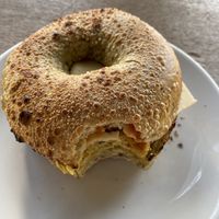 Breakfast sandwich (chickpea eggs, soy sausage, vegan cheese, spinach bagel)  at Jodi Bee Bakes in Salem