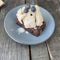 Brownie with ice cream and blueberries   at FOREVER in Mexico City