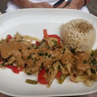 Heura (veggie chicken) with vegetables and rice at Vegetalia - Born in Barcelona