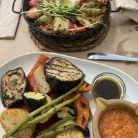 Heura paella + vegetables with romesco  at Vegetalia - Born in Barcelona