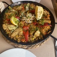 Paella with Heura and peppers. (Heura is a meat replacement)  at Vegetalia - Born in Barcelona