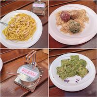 Spaghetti alla carbonara - Tris di canederli - Vegan parmesan - Ravioli filled with cauliflower in pesto sauce at Rifugio Vajolet in Vigo Di Fassa