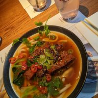 Spicy vegan short 'rib' ramen with udon and the the cherry blossom lemonade 🍜🌸 at Wagamama - Castle Terrace in Edinburgh