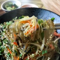 Japchae = sweet potato glass noodles, carrots, mushrooms, bell pepper, beansprouts, parsley at The Boneless Kitchen - 无骨厨房 in Central Singapore