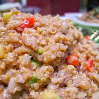 Risotto 3 cereals with millet, barley, and quinoa was with coconut milk, vegetable cheese, squash and peppers at Casa Munay in Buenos Aires