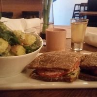 Tomato Seed  Bread Sandwich with potato salad with zend shot and apple juice at Zend Conscious Lounge in Vancouver