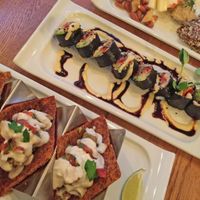 Spiced Corn and Defried Bean Tacos, Jicama Rice Spiced Shittake Sushi Roll , Vegan 'Cheese' Board 



 at Zend Conscious Lounge in Vancouver