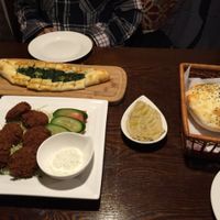 Falafel, spinach pizza, hummus and Turkish bread at Truva Turkish Restaurant in Yokohama