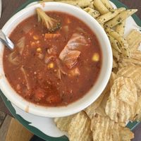 Delicious soup!   I suspected the pasta salad had some kind of chz bits so I didn’t eat it..  at Veronica's Coffee House in Kenai