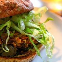 Tasty vegan homemade burger. at The V Factor in Lanzarote