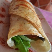 Wrap of hummus, courgette, aubergine, lettuce, sheese and xoriso. Don't recommend as Xoriso  was too salty. at The V Factor in Lanzarote