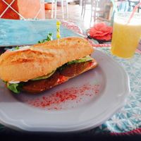 Bocadillo with seitan and vegetables + fresh fruit juice  3 at The V Factor in Lanzarote