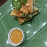 Seared Scallion pancakes with curry sauce at Herban Fix Vegan Kitchen in Atlanta