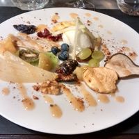 'Promenade hivernale': Variations on winter fruits, fresh, dried and marinated, spiced pear syrup, olive oil sorbet
 at La Table des Roy in Nantes