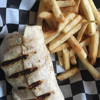 spiedie wrap with fries (choice of tempeh or chick'n in the wrap) at Water Street Brewing Company in Binghamton