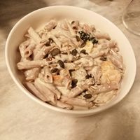 Pasta of the day with some pumpkin and aubergine pieces at Botanica Lab in Bologna