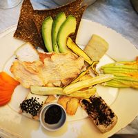 Plate of cheeses and tried vegetables at Botanica Lab in Bologna
