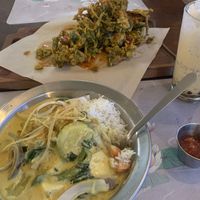 Pakora in the back, tofu curry in the front  at The Red Dot Vegetarian Kitchen in Frazier Park