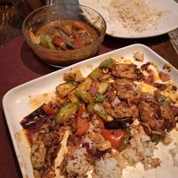 Kung Pao chick'n with veggies and Tikka Masala Curry. Mind you this is after we ate half of the dishes and there was still plenty of food so we get to have left overs, yay! at The Red Dot Vegetarian Kitchen in Frazier Park