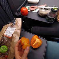 Fruits for our train travel, and some bread and vegan croissant with reduction to avoid food waste :) at Veritas - Via Laietana in Barcelona