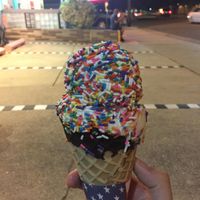 Cool Scoops vegan vanilla ice cream on a vegan chocolate dipped cone, with rainbow sprinkles. Awesome :-) at Cool Scoops in North Wildwood