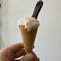 Peach lavender icecream and edible chocolate spoon  at Arte in Tel Aviv