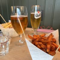 Large normal fries, Small sweet potato fries and two icelandic beer  at Reykjavik Chips in Reykjavik