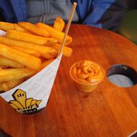 Large chips and vegan satay sauce  at Reykjavik Chips in Reykjavik