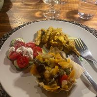 Soy meat, grilled veggies and cucumber and tomato salad at Torre Morgana in Umbertide