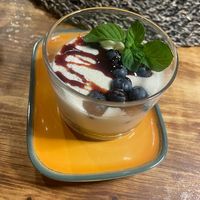 Soy pudding with blueberries at Torre Morgana in Umbertide