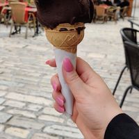 Vegan dark chocolate ice cream. Super good, rich cocoa flavor at Gelateria Italia in Rovinj