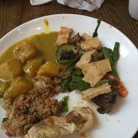 Green curry, spring rolls, tofu, mushroom and vegetables  at Ahimsa Buffet 無肉食 in Hong Kong Island
