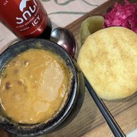 Lobio served with pickled veggies and cornbread  at Palaty in Kutaisi