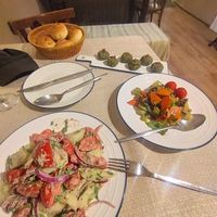 Big Georgian salad with vegetables and spinach balls at Palaty in Kutaisi