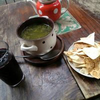 Vegan mushroom soup with vegan lavas and blackberry composte - 12 GEL total at Kafe Leila in Tbilisi
