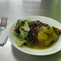 Wonderful meal for 30 Baht.  Brown rice, veggies, and pumpkin.  at Jiya Chai in Phuket