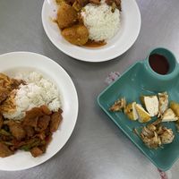 All of this 70BHT. Crispy ‘meat’ and potato curry and rice. With fried tofu  #Veganuary at Jiya Chai in Phuket