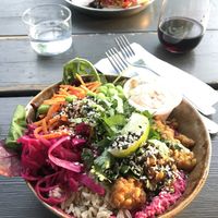 Buddha Bowl with tempish, rice & hummus  at The Green Queen in Stockholm