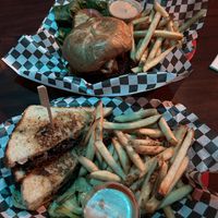 Top: western burger. Bottom: patty melt. Love that they give sauce for the fries without having to request it 👌🏼  at Black Water Bar in Portland