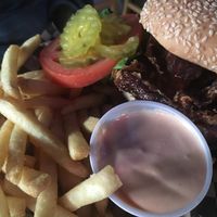 Western Burger w/ Fries at Black Water Bar in Portland
