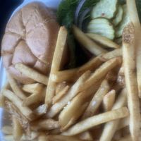 Cheeseburger with friess  at Black Water Bar in Portland