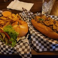 Philly Cheeze Steak and Bakon Bleu burger! at Black Water Bar in Portland