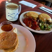 Brunch pancakes and benedict at Black Water Bar in Portland