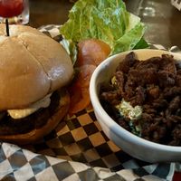 Western Burger with Broccoli Bacon Salad  at Black Water Bar in Portland