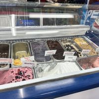 Huge selection of hard serve almond milk ice cream   at CJ's Big Dipper in Bar Harbor