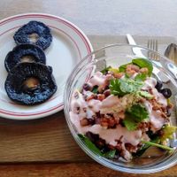 Mimosa bowl, vegan version, with a side of mushrooms at Cafe Mimosa in Takapuna