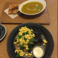 Pumpkin soup and veganised-eggs benedict with tofu scramble instead. at Cafe Mimosa in Takapuna