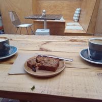 Back deck, coffees, and banana bread (sadly they don't have vegan spread, which we couldn't really understand!) at Cafe Mimosa in Takapuna