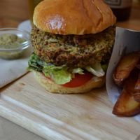 Quinoa burger with homemade leak-honey mustard....mmmmm at Mostassa in Barcelona